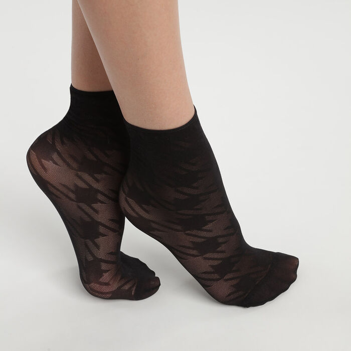 Socquettes femme en voile motif pied de coq maxi Noir Dim Style, , DIM