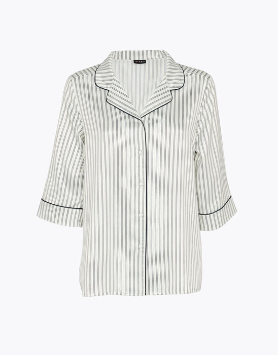 Chemise de pyjama avec ¾ des manches en satin, rayures noires et blanches, , DIM