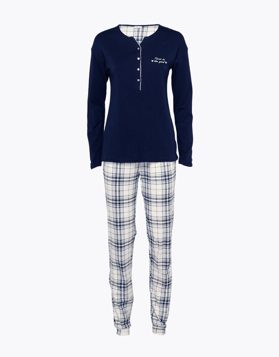 Pyjama long serafino pour femme, 100% coton, bleu, , DIM