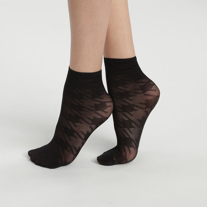 Socquettes femme en voile motif pied de coq maxi Noir Dim Style, , DIM