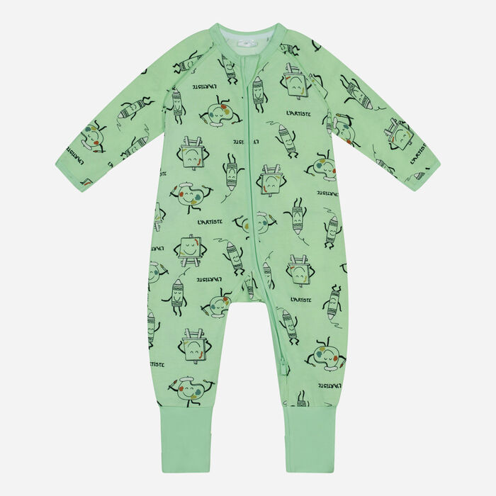 Pyjama bébé zippé en coton stretch motifs crayons Vert Dim ZIPPY®, , DIM