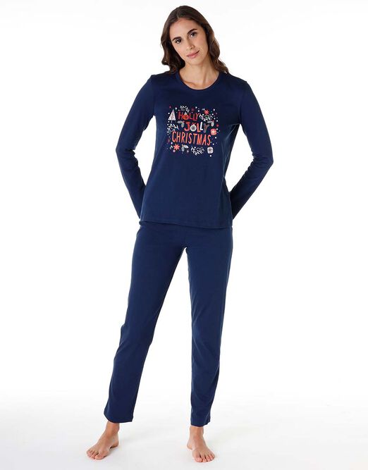 Pyjama femme long en jersey 100% coton bleu imprimé