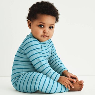 Pyjama bébé zippé côtelé à rayures bleues et vertes DIM Baby, , DIM