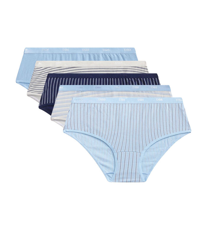 Lot de 5 shorties femme coton stretch à rayures Bleu Crème Les Pockets, , DIM
