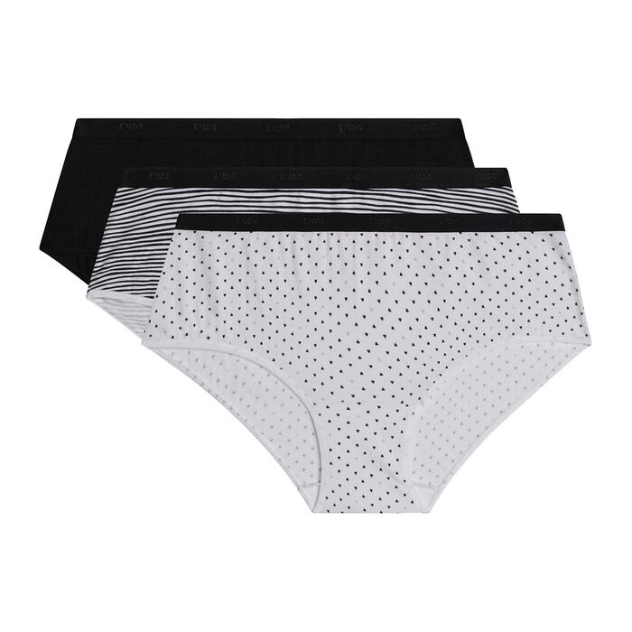 Lot de 3 boxers femme en coton stretch motifs noir blanc Les Pockets, , DIM