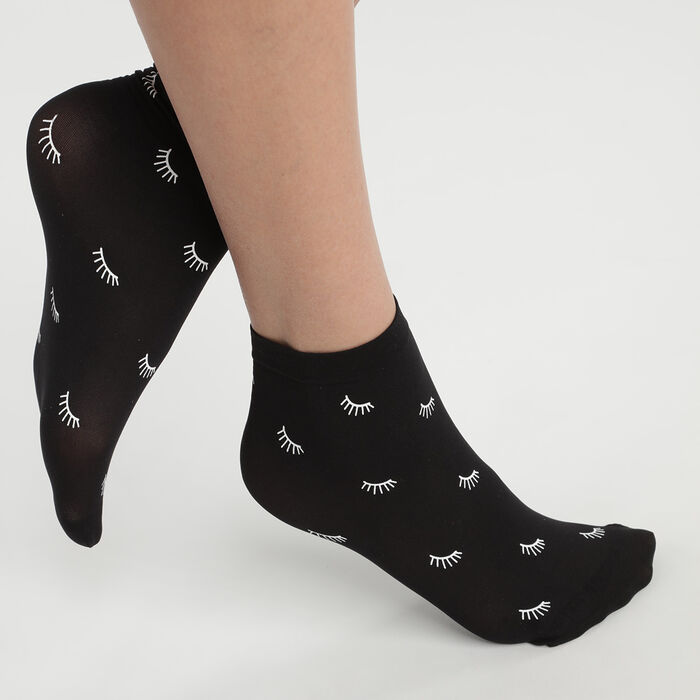 Socquettes femme en voile opaque Noir motif clin d’œil blanc Dim Style, , DIM