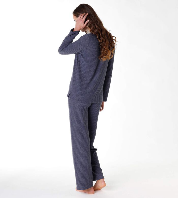 Pyjama long pour femme en côtes chaudes bleu gris, , DIM