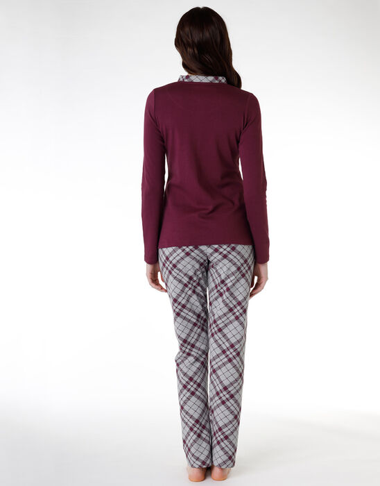 Pyjama long ouvert pour femme en coton interlock, bordeaux, , DIM