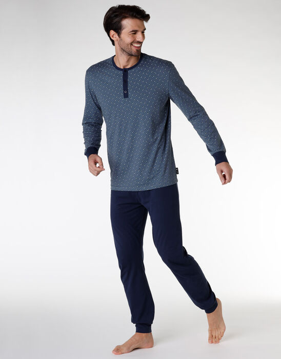 Pyjama long en jersey 100% coton, imprimé bleu marine, , DIM