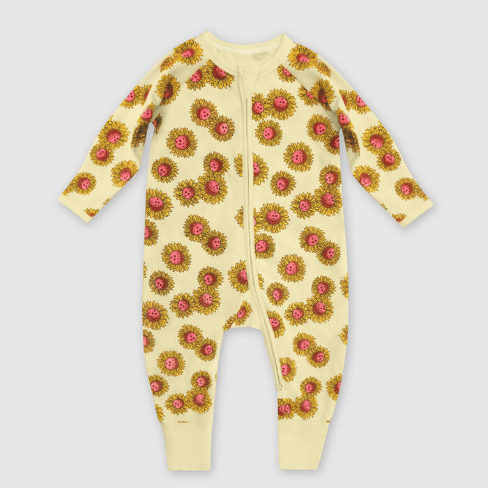 Pyjama bébé zippé en coton stretch Jaune imprimé tournesol Dim Baby, , DIM