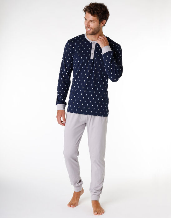 Pyjama long pour homme 100% coton, imprimé bleu marine , , DIM