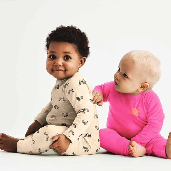 Pyjama bébé zippé en coton bio vanille imprimé rainbow Dim ZIPPY ®, , DIM