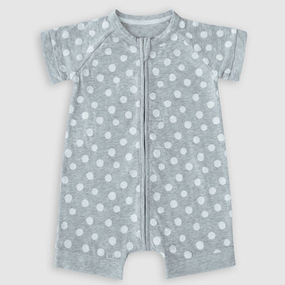 Barboteuse bébé zippée coton stretch grise motifs pois blanc Dim Baby, , DIM