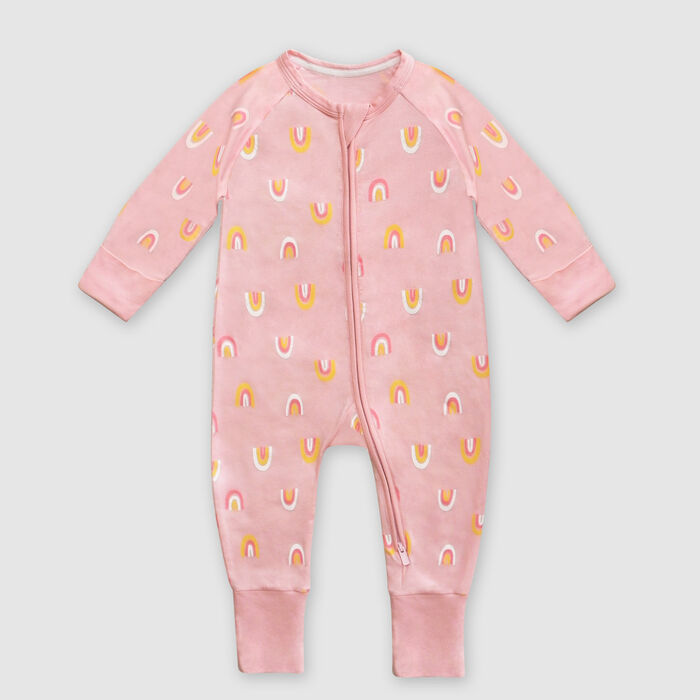 Pyjama bébé zippé en coton stretch rose imprimé rainbow Dim ZIPPY ®, , DIM