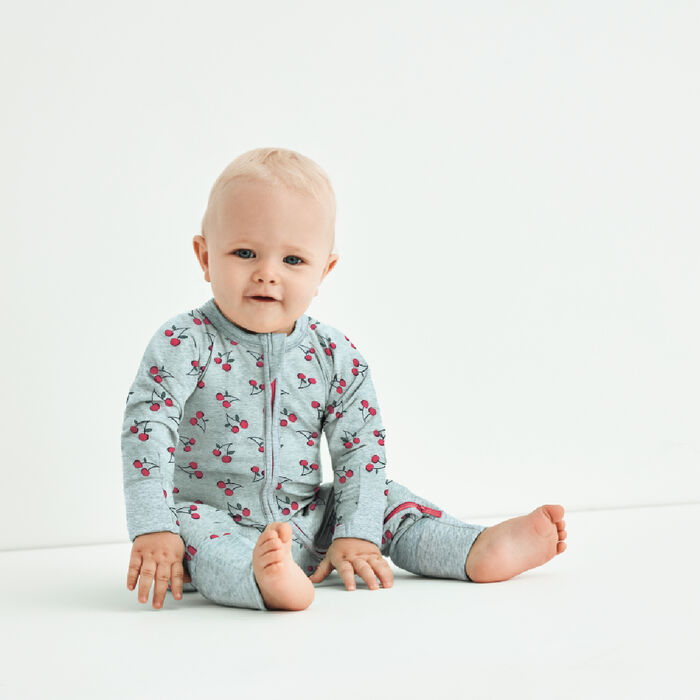 Pyjama bébé zippé en coton stretch gris imprimé cerise Dim Baby, , DIM